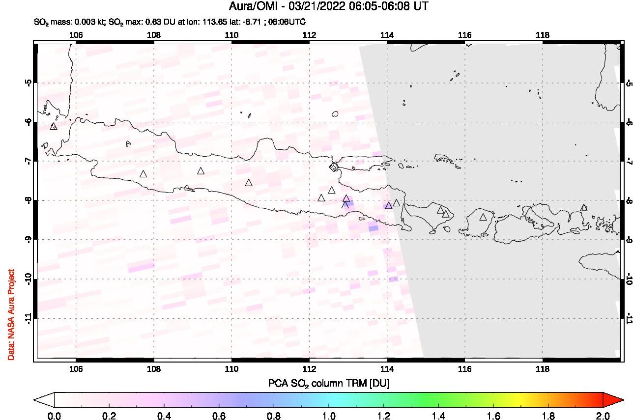 A sulfur dioxide image over Java, Indonesia on Mar 21, 2022.