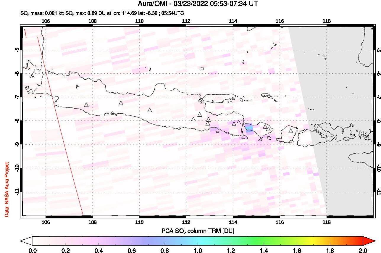 A sulfur dioxide image over Java, Indonesia on Mar 23, 2022.