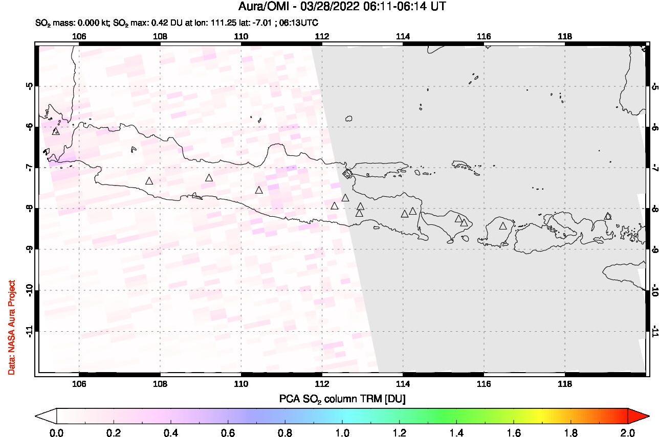 A sulfur dioxide image over Java, Indonesia on Mar 28, 2022.