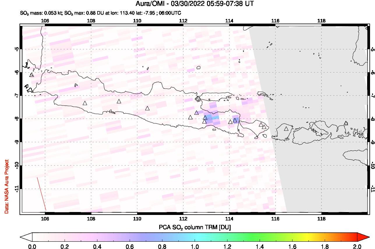 A sulfur dioxide image over Java, Indonesia on Mar 30, 2022.