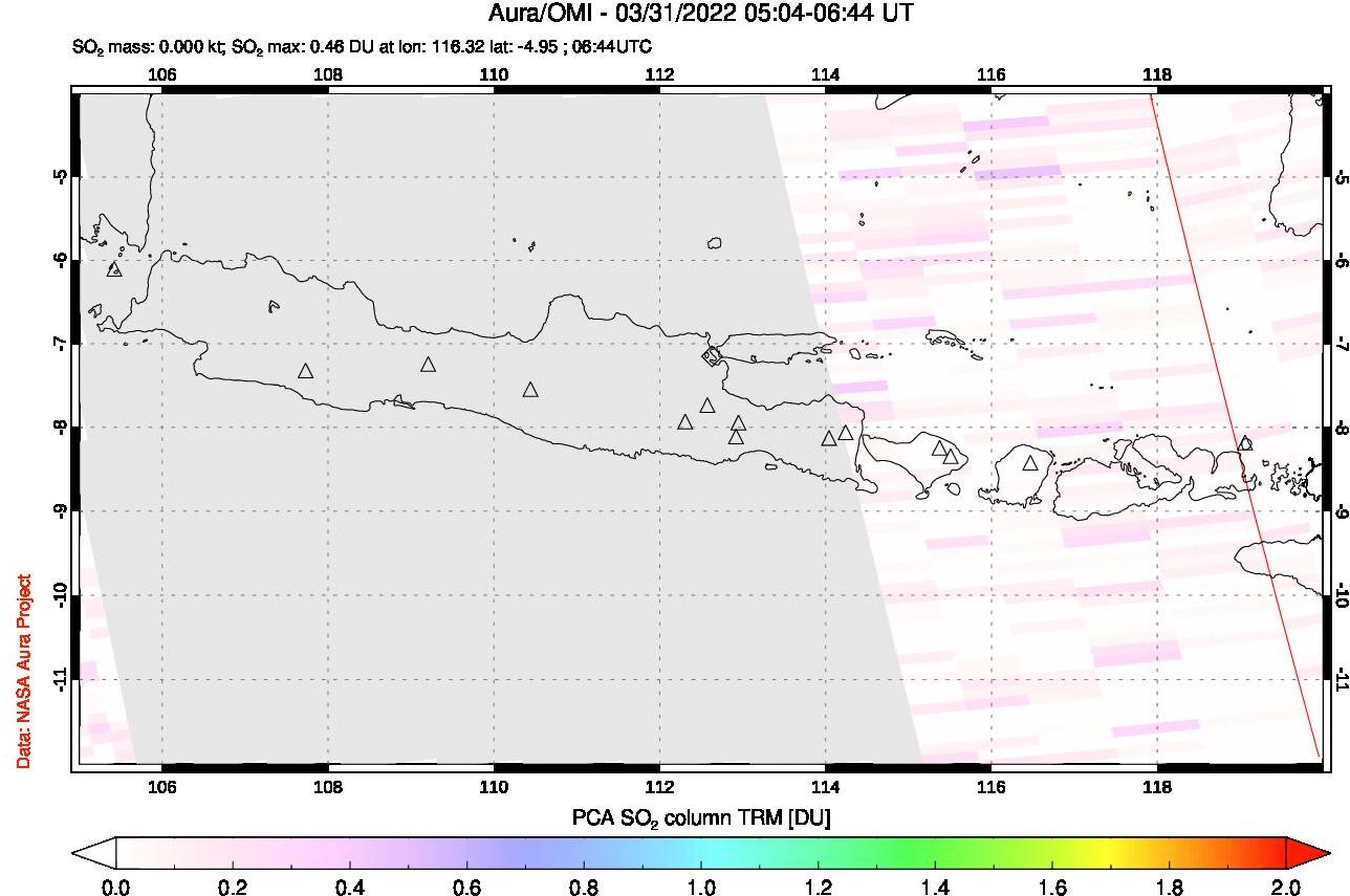 A sulfur dioxide image over Java, Indonesia on Mar 31, 2022.