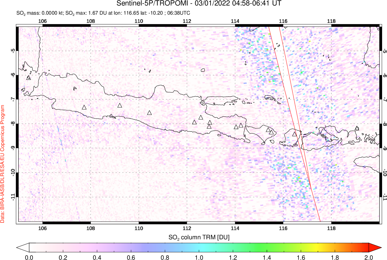 A sulfur dioxide image over Java, Indonesia on Mar 01, 2022.