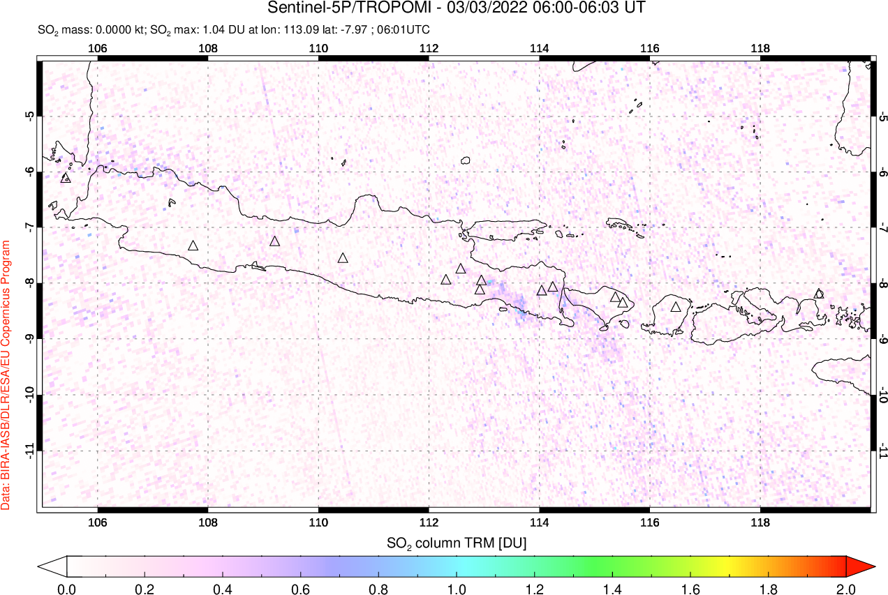 A sulfur dioxide image over Java, Indonesia on Mar 03, 2022.