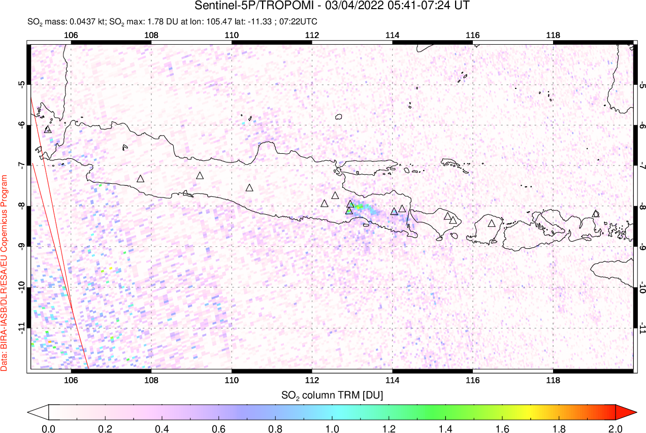 A sulfur dioxide image over Java, Indonesia on Mar 04, 2022.