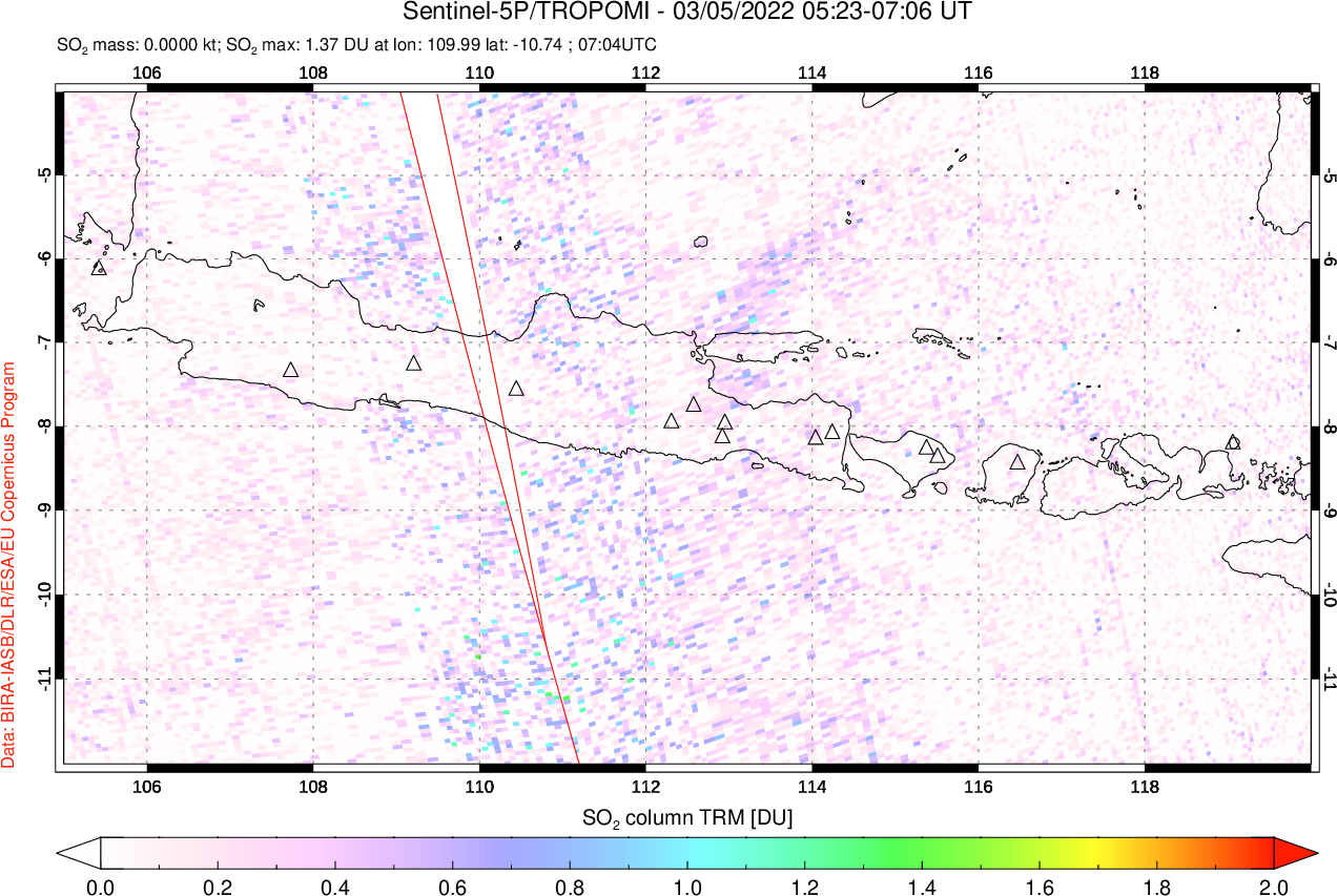A sulfur dioxide image over Java, Indonesia on Mar 05, 2022.