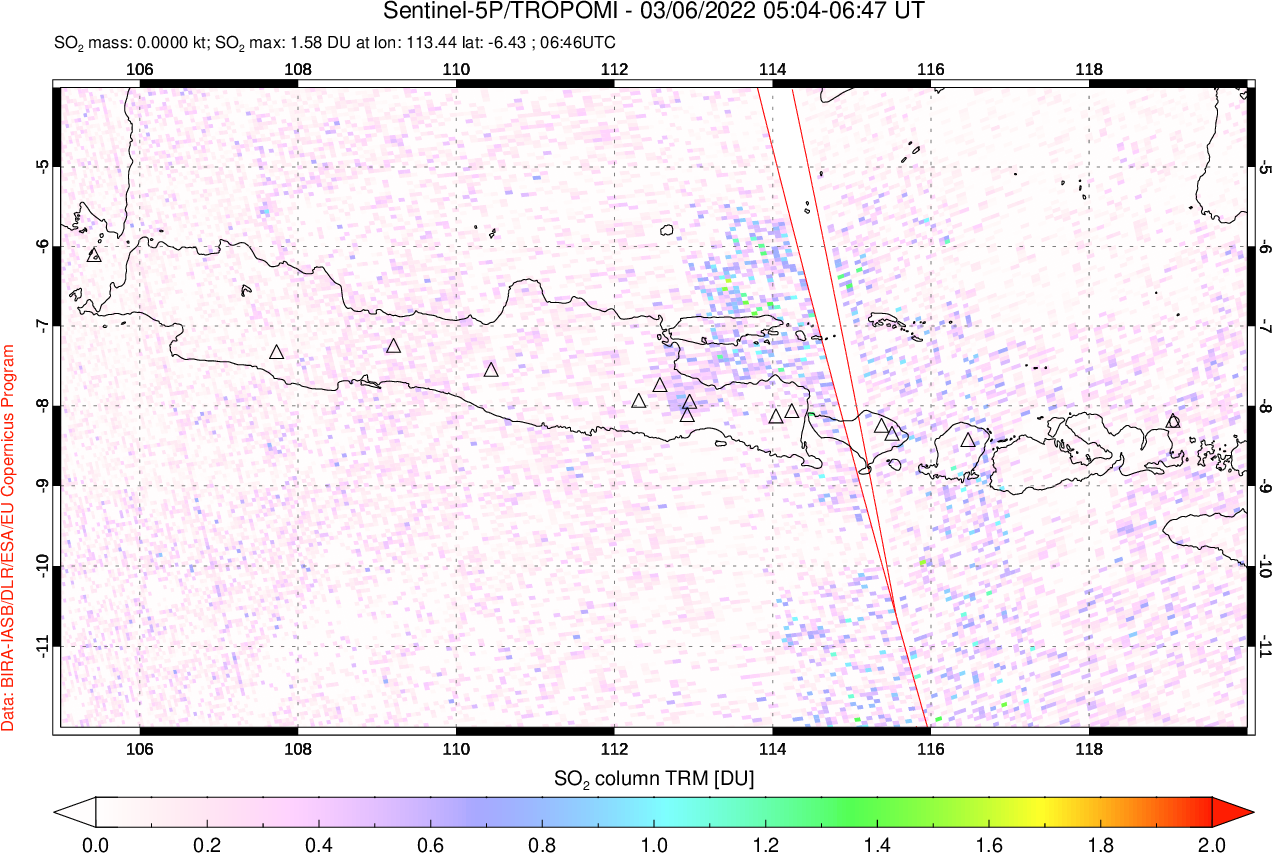 A sulfur dioxide image over Java, Indonesia on Mar 06, 2022.