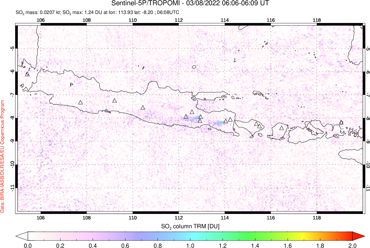 A sulfur dioxide image over Java, Indonesia on Mar 08, 2022.