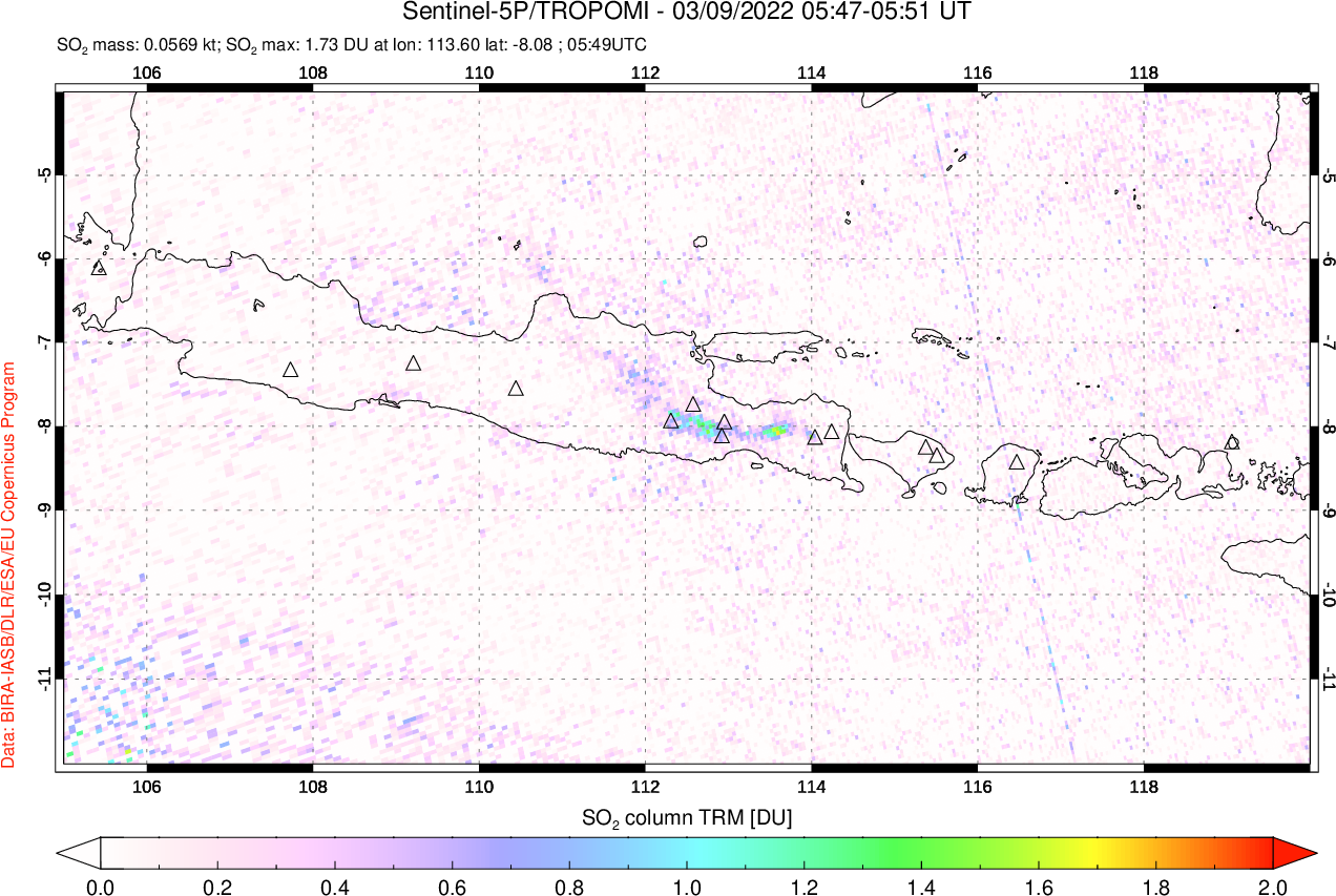 A sulfur dioxide image over Java, Indonesia on Mar 09, 2022.
