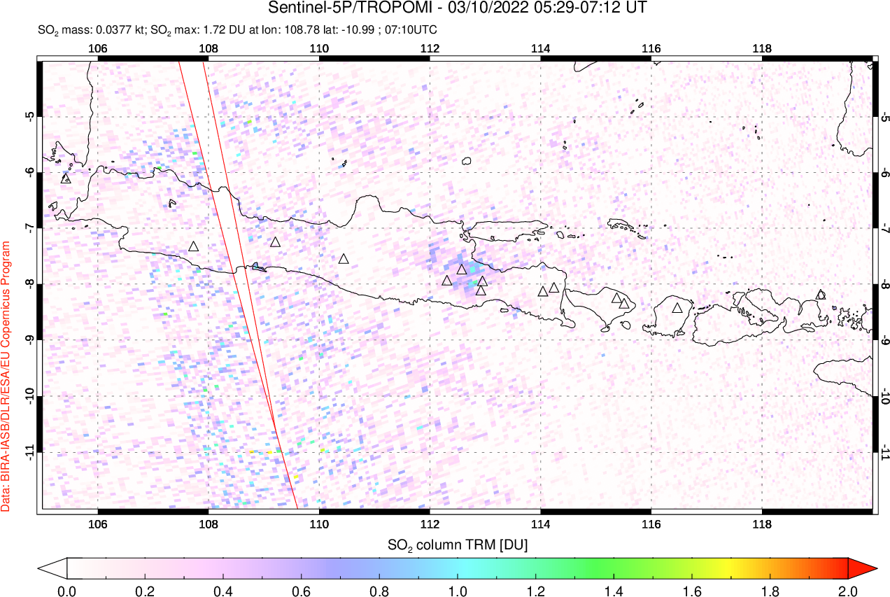 A sulfur dioxide image over Java, Indonesia on Mar 10, 2022.