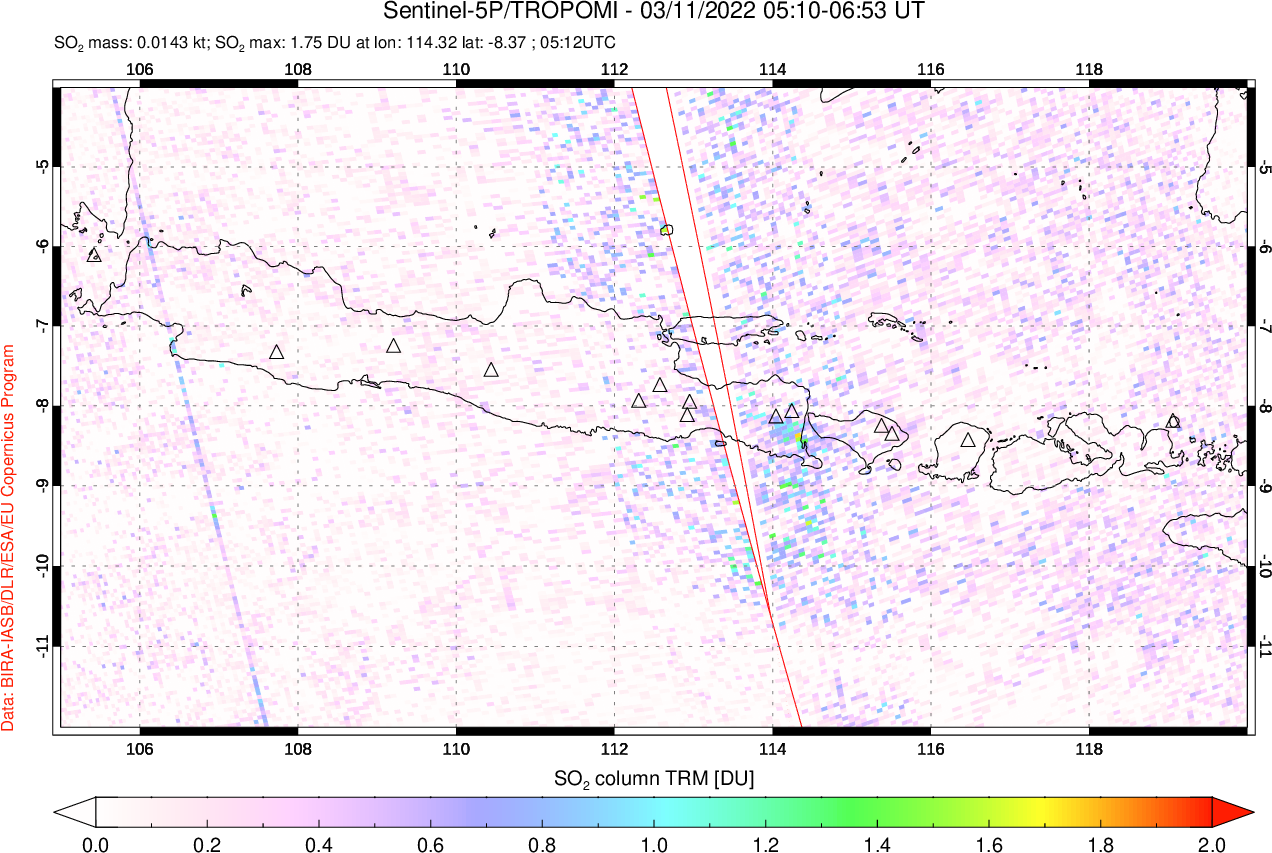 A sulfur dioxide image over Java, Indonesia on Mar 11, 2022.