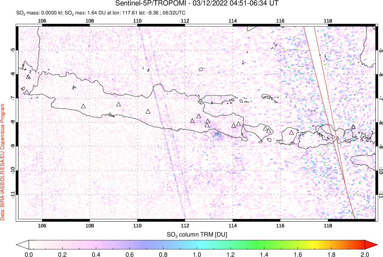 A sulfur dioxide image over Java, Indonesia on Mar 12, 2022.