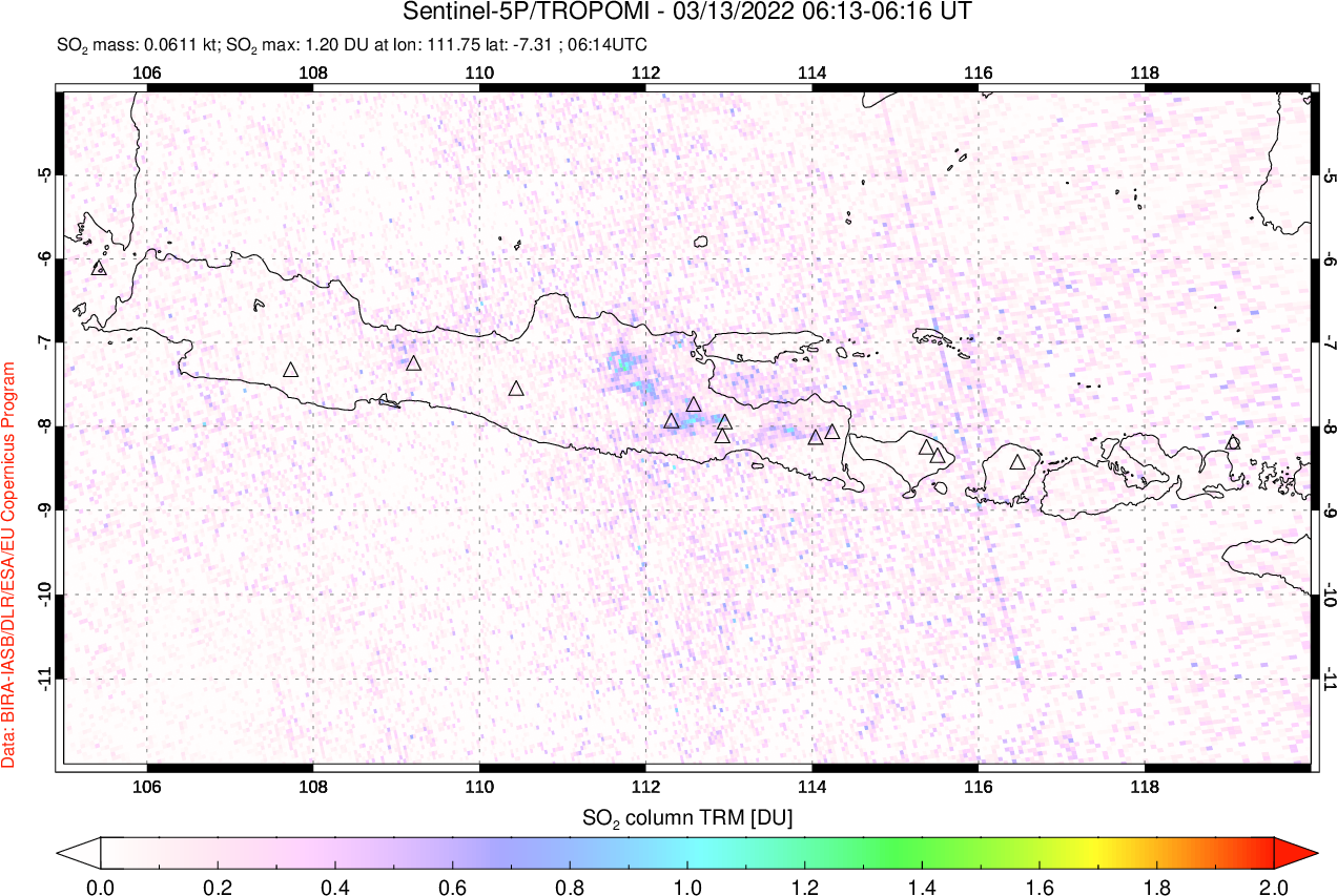 A sulfur dioxide image over Java, Indonesia on Mar 13, 2022.