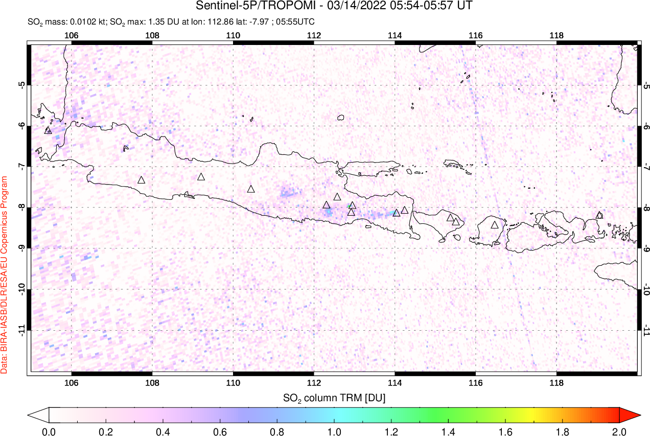 A sulfur dioxide image over Java, Indonesia on Mar 14, 2022.