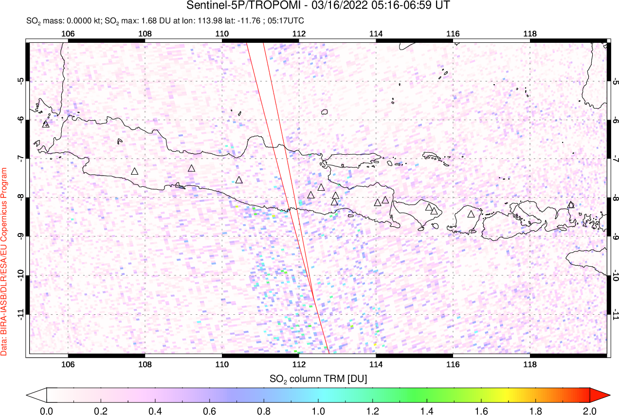A sulfur dioxide image over Java, Indonesia on Mar 16, 2022.