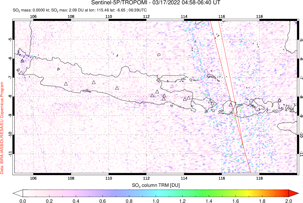 A sulfur dioxide image over Java, Indonesia on Mar 17, 2022.