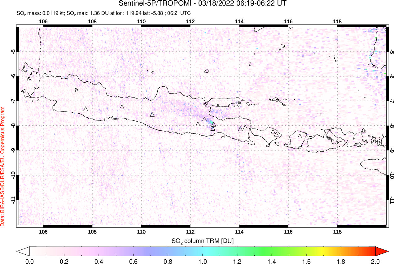 A sulfur dioxide image over Java, Indonesia on Mar 18, 2022.