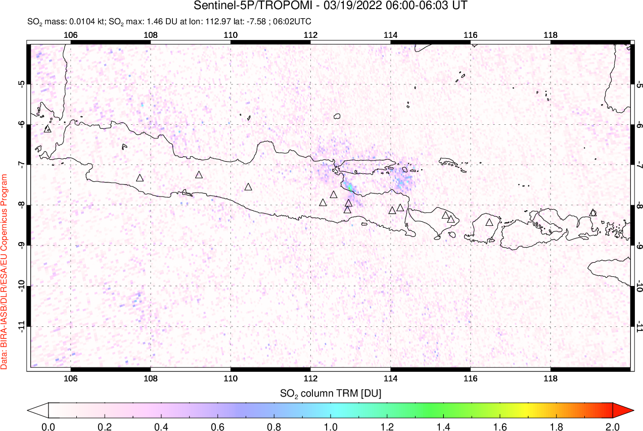 A sulfur dioxide image over Java, Indonesia on Mar 19, 2022.