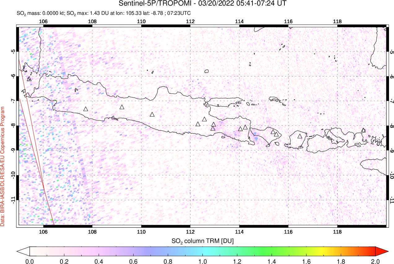 A sulfur dioxide image over Java, Indonesia on Mar 20, 2022.