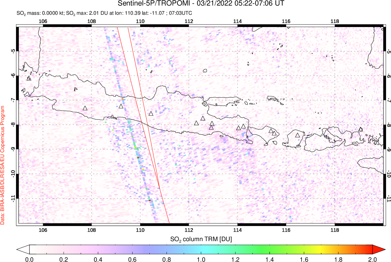 A sulfur dioxide image over Java, Indonesia on Mar 21, 2022.