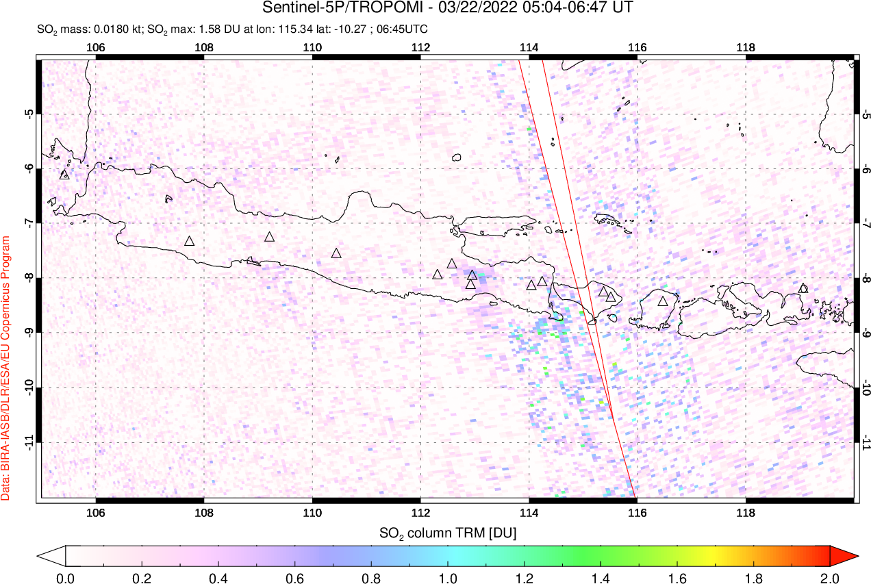 A sulfur dioxide image over Java, Indonesia on Mar 22, 2022.
