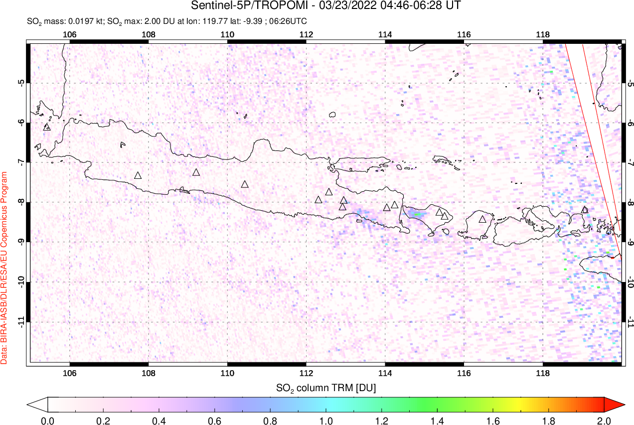 A sulfur dioxide image over Java, Indonesia on Mar 23, 2022.