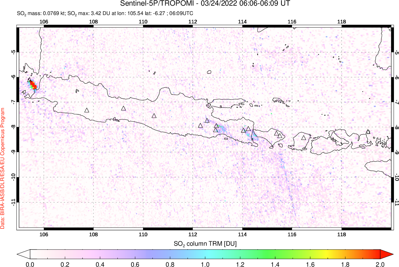 A sulfur dioxide image over Java, Indonesia on Mar 24, 2022.