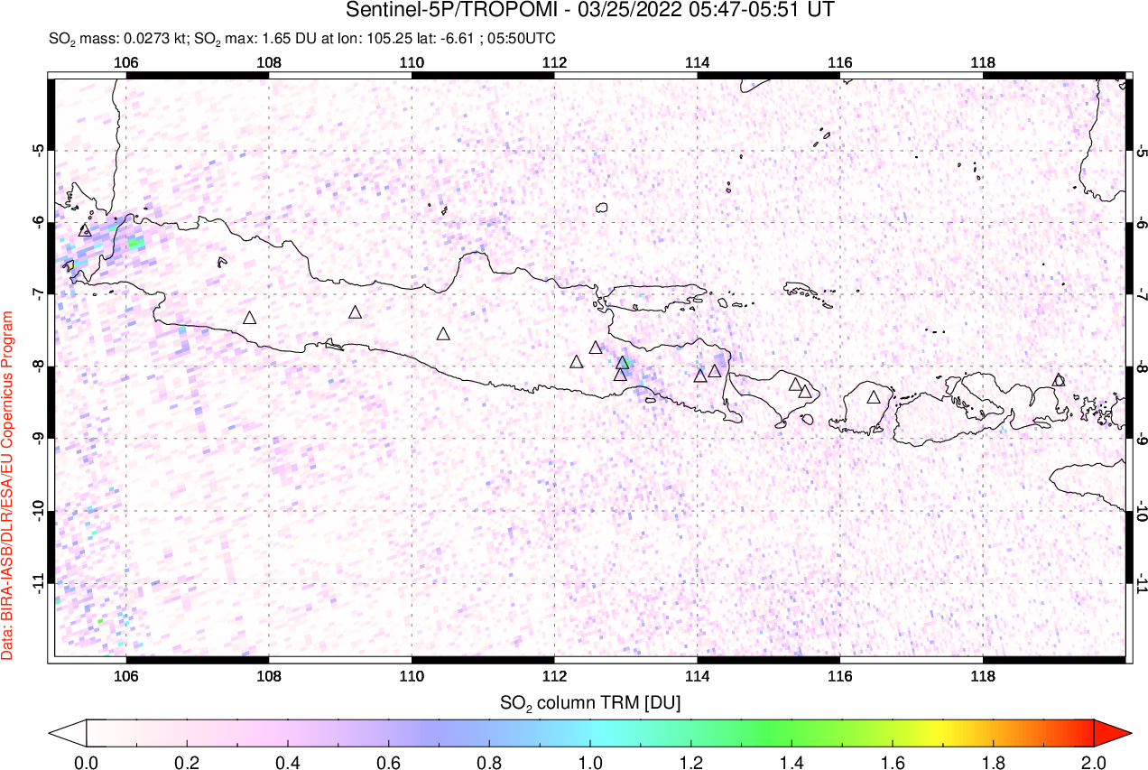 A sulfur dioxide image over Java, Indonesia on Mar 25, 2022.