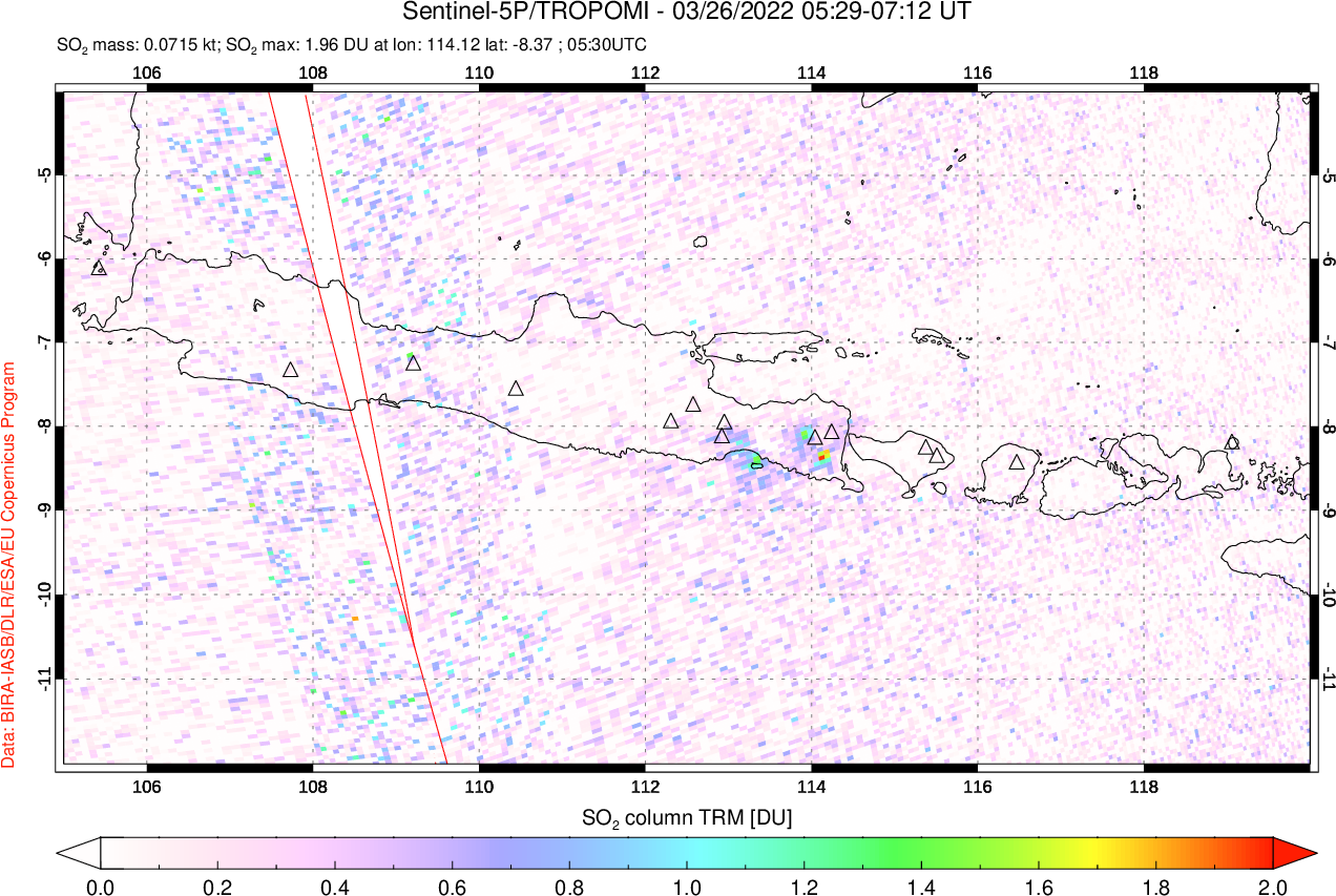 A sulfur dioxide image over Java, Indonesia on Mar 26, 2022.