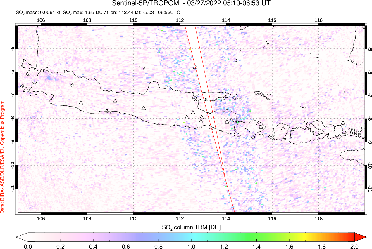 A sulfur dioxide image over Java, Indonesia on Mar 27, 2022.