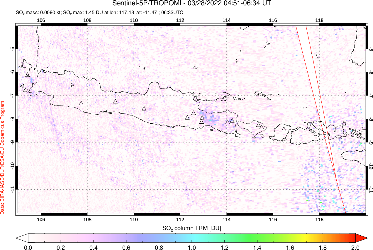 A sulfur dioxide image over Java, Indonesia on Mar 28, 2022.