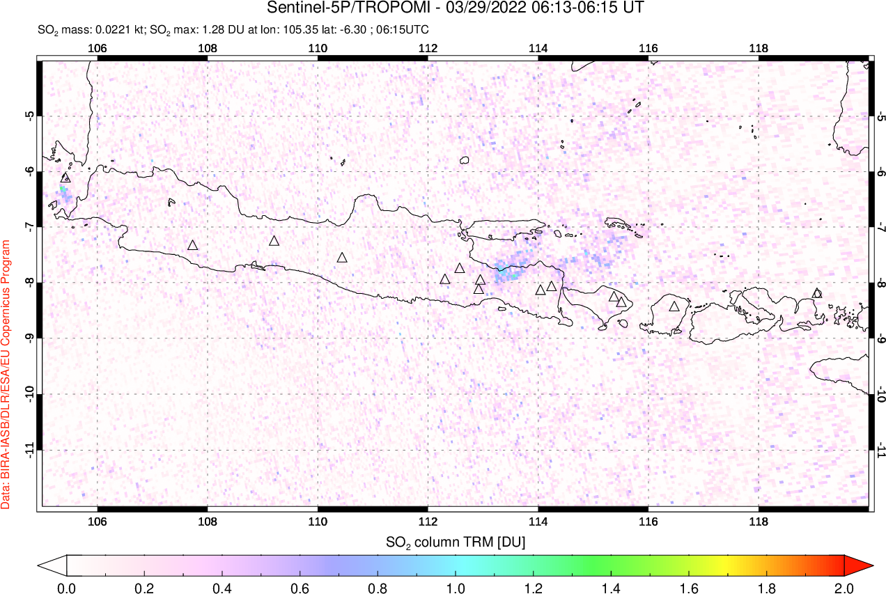 A sulfur dioxide image over Java, Indonesia on Mar 29, 2022.