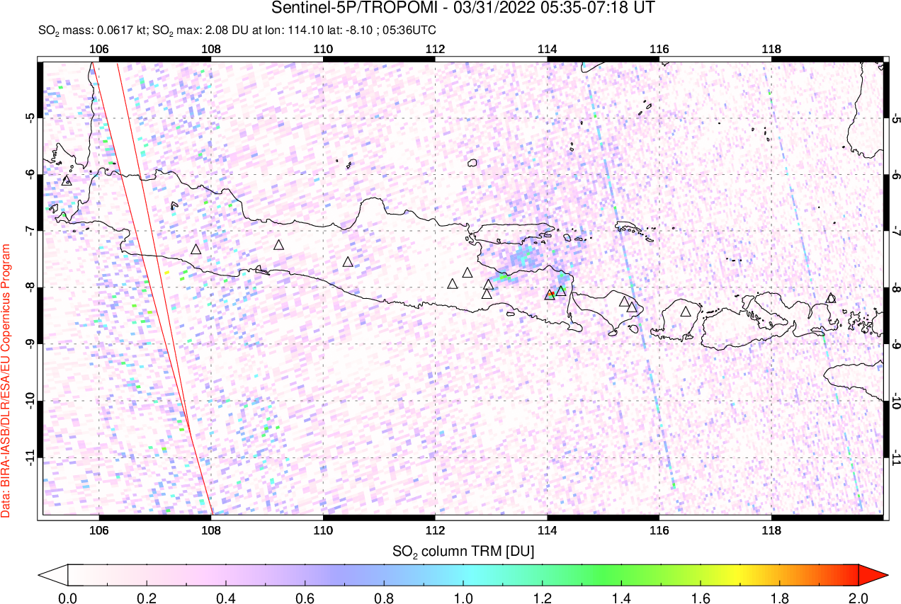 A sulfur dioxide image over Java, Indonesia on Mar 31, 2022.