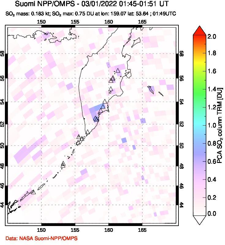A sulfur dioxide image over Kamchatka, Russian Federation on Mar 01, 2022.