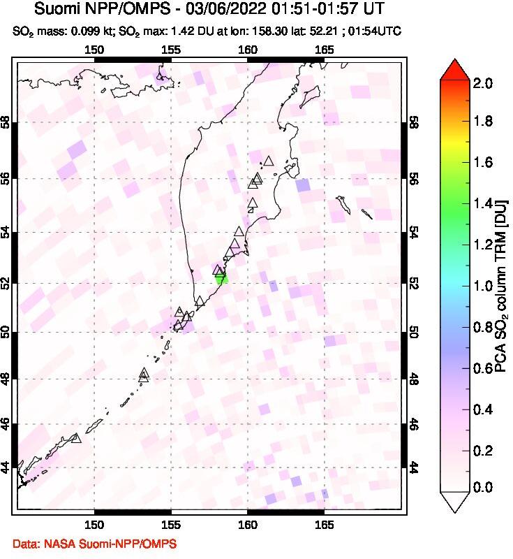 A sulfur dioxide image over Kamchatka, Russian Federation on Mar 06, 2022.