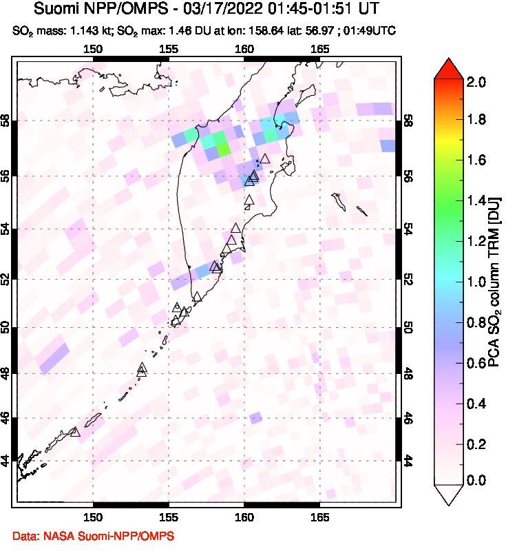 A sulfur dioxide image over Kamchatka, Russian Federation on Mar 17, 2022.