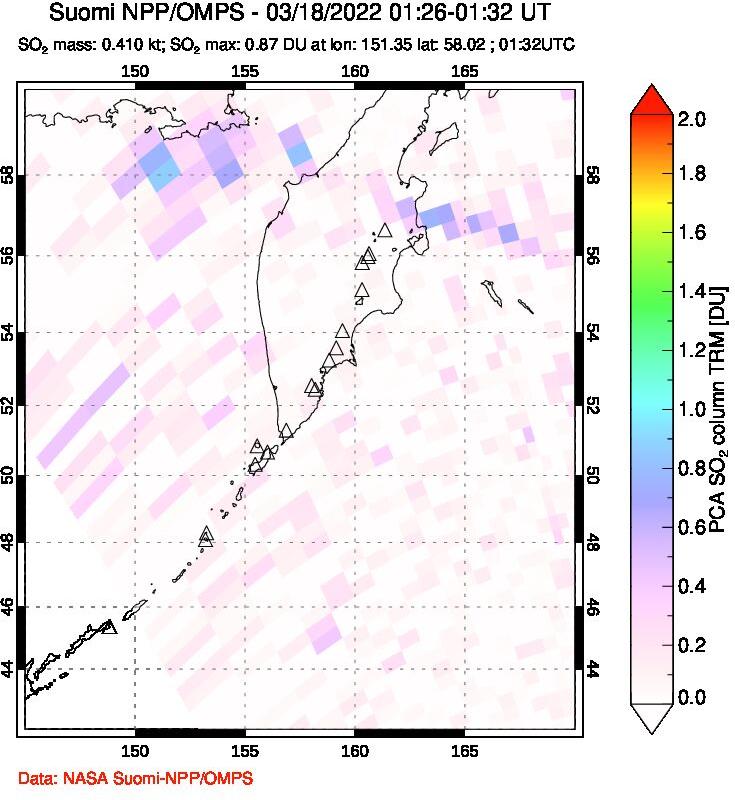 A sulfur dioxide image over Kamchatka, Russian Federation on Mar 18, 2022.