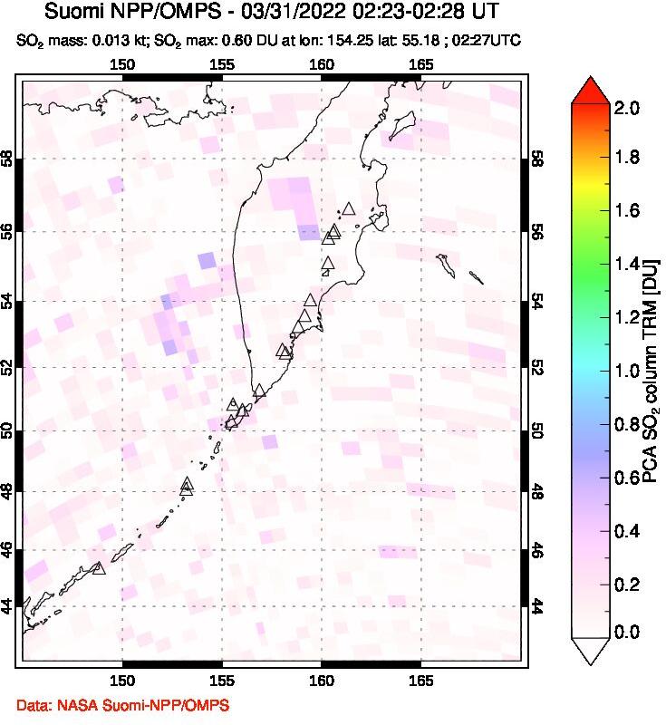 A sulfur dioxide image over Kamchatka, Russian Federation on Mar 31, 2022.