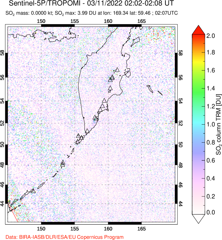A sulfur dioxide image over Kamchatka, Russian Federation on Mar 11, 2022.