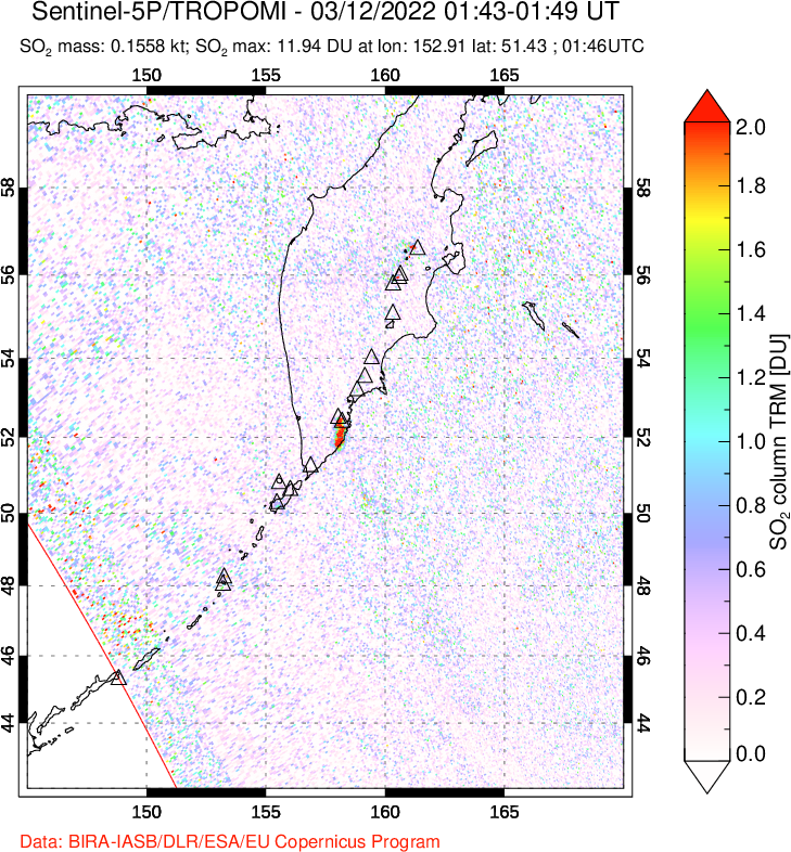A sulfur dioxide image over Kamchatka, Russian Federation on Mar 12, 2022.