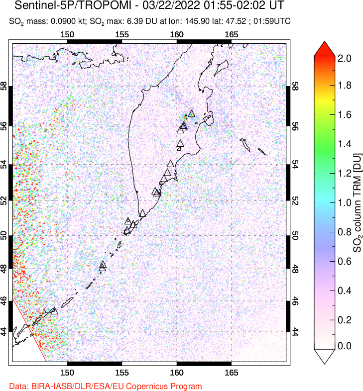 A sulfur dioxide image over Kamchatka, Russian Federation on Mar 22, 2022.