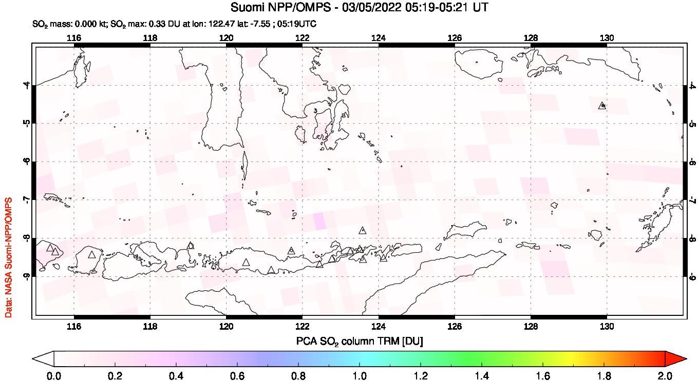 A sulfur dioxide image over Lesser Sunda Islands, Indonesia on Mar 05, 2022.