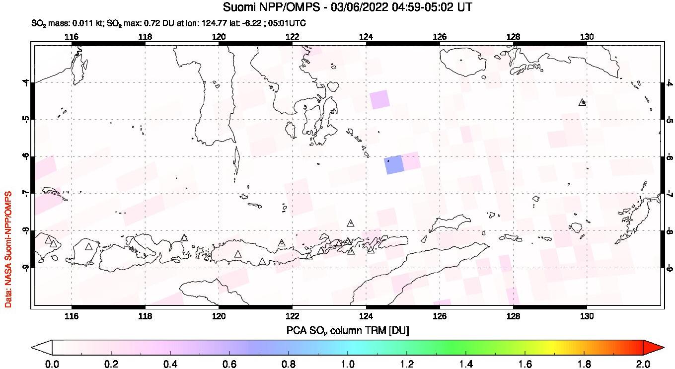 A sulfur dioxide image over Lesser Sunda Islands, Indonesia on Mar 06, 2022.