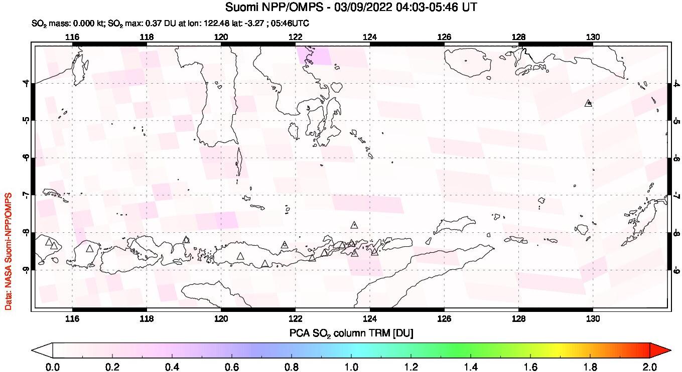 A sulfur dioxide image over Lesser Sunda Islands, Indonesia on Mar 09, 2022.