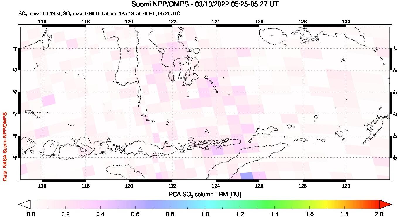A sulfur dioxide image over Lesser Sunda Islands, Indonesia on Mar 10, 2022.