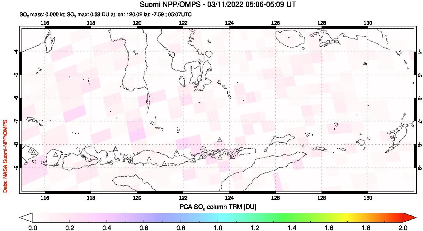 A sulfur dioxide image over Lesser Sunda Islands, Indonesia on Mar 11, 2022.