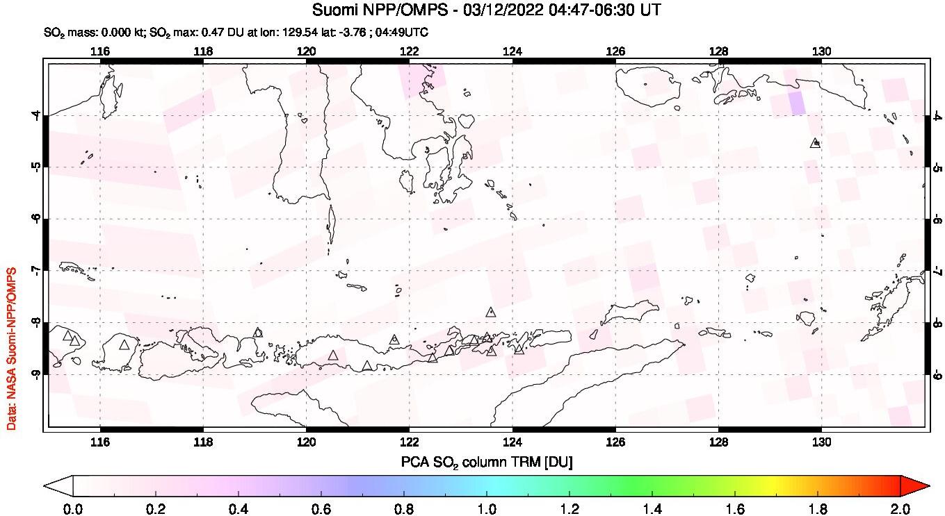 A sulfur dioxide image over Lesser Sunda Islands, Indonesia on Mar 12, 2022.