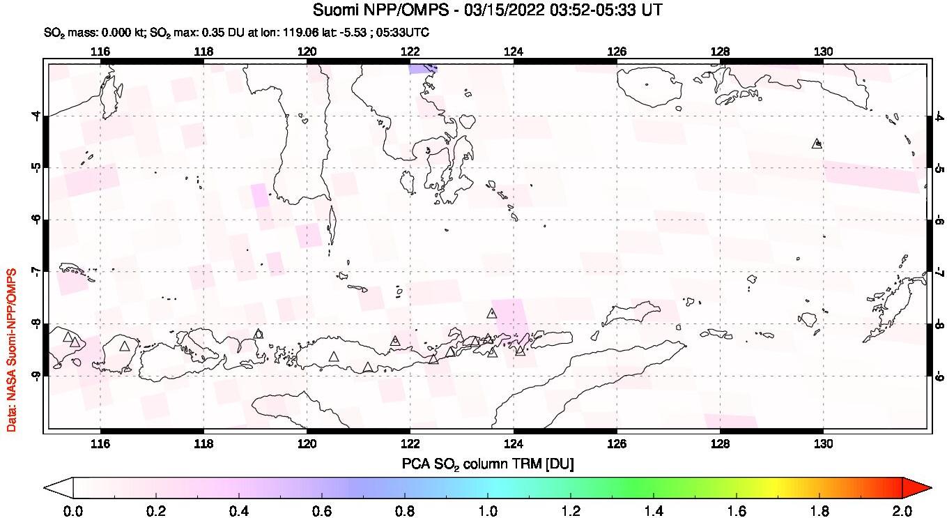 A sulfur dioxide image over Lesser Sunda Islands, Indonesia on Mar 15, 2022.