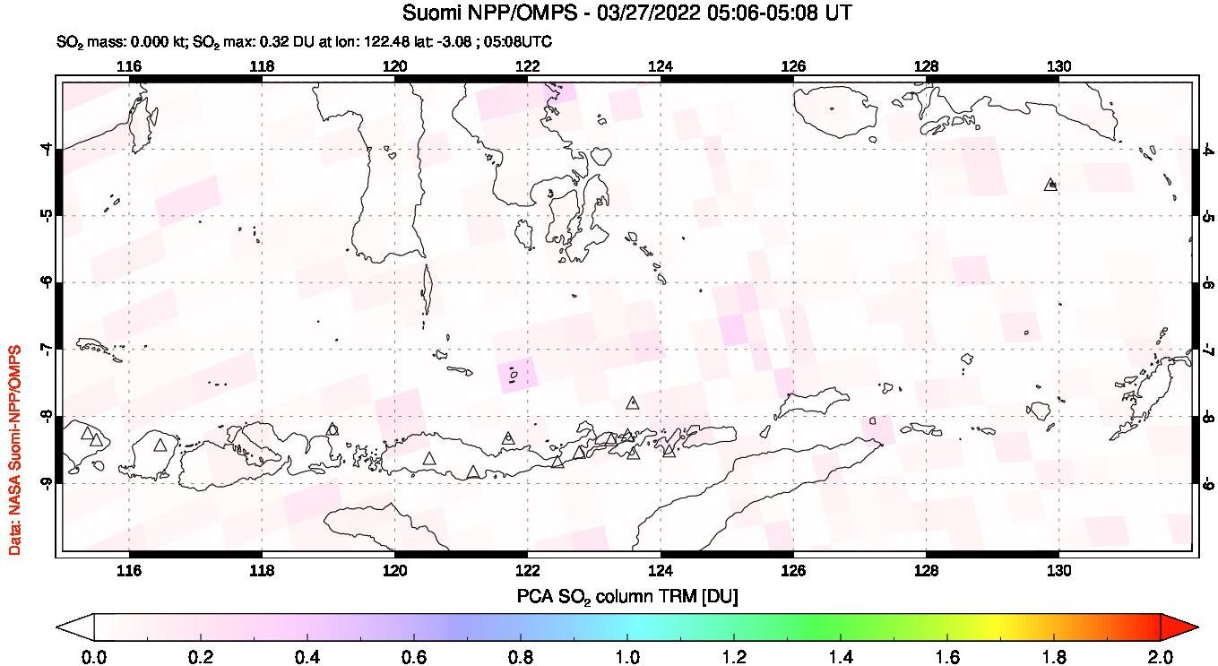 A sulfur dioxide image over Lesser Sunda Islands, Indonesia on Mar 27, 2022.
