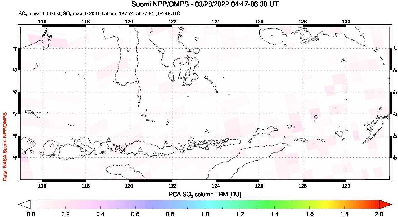 A sulfur dioxide image over Lesser Sunda Islands, Indonesia on Mar 28, 2022.