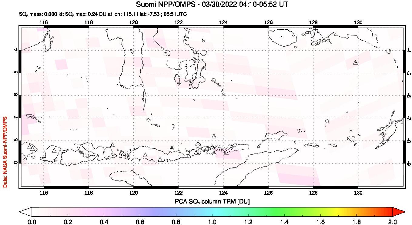 A sulfur dioxide image over Lesser Sunda Islands, Indonesia on Mar 30, 2022.